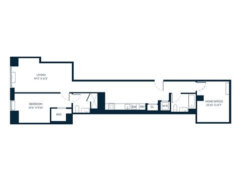 Floor plan for 1 bed, 2 baths, 1046 sqft